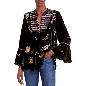 Johnny Was Sisilia Floral Embroidered Velvet Top Black Sz S